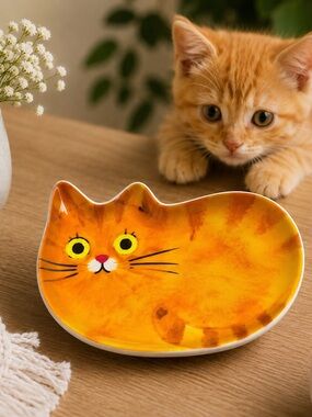 Orange Tabby Cat Shaped Ceramic Trinket Dish Jewelry Tray